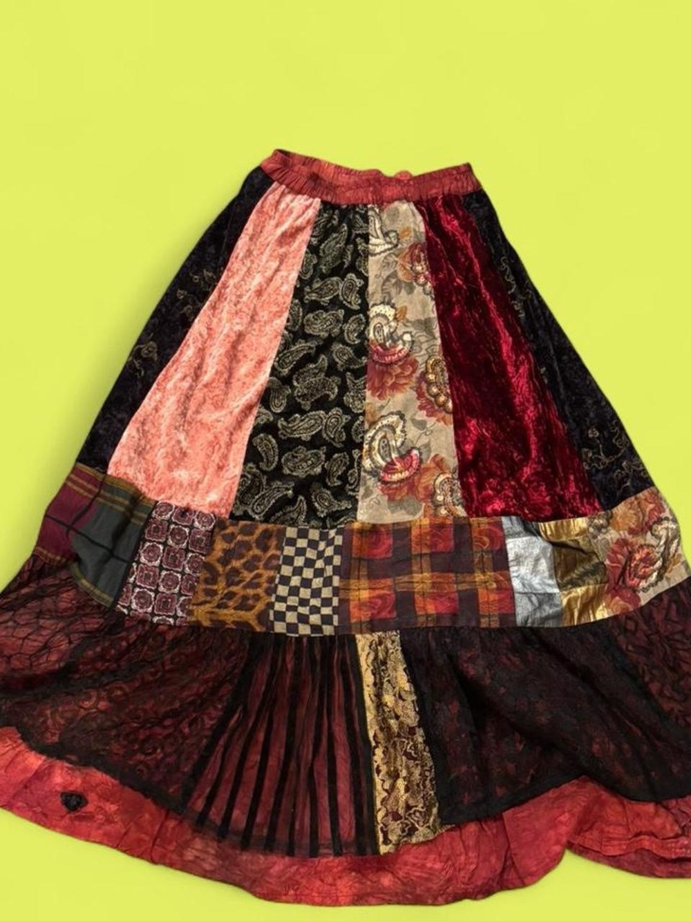 American Vintage Bohemian Patchwork Maxi Skirt in Red, Black, Cream, Gold